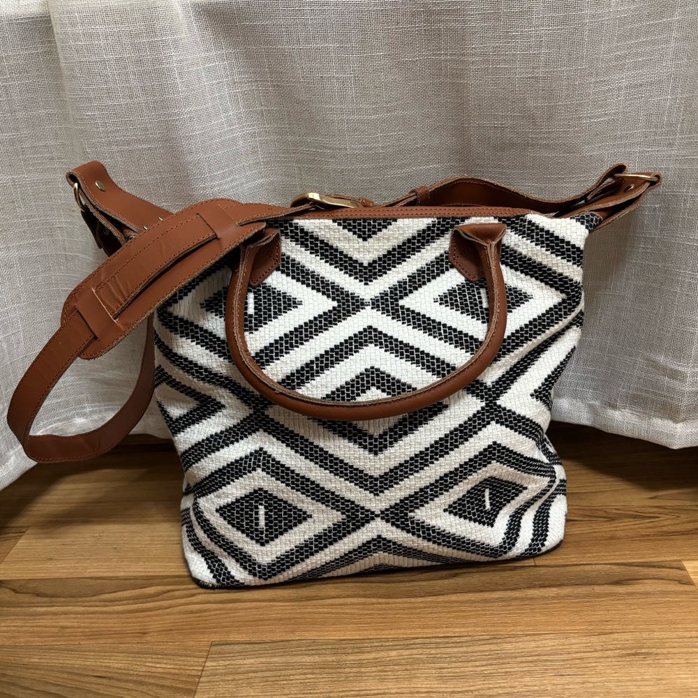 Geometric Patterned Tote Bag with Brown Accents